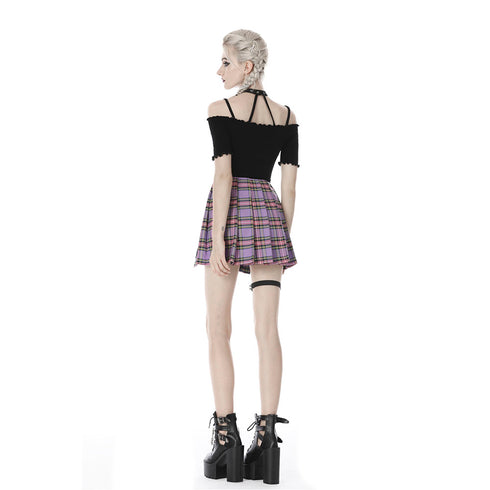 Punk purple checked splicing black pleated short skirt KW175